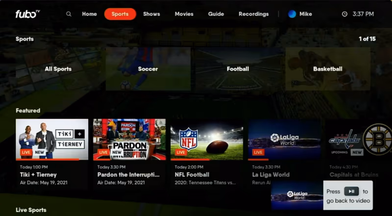 fuboTV Canada sports channels lineup showing Premier League and NFL coverage