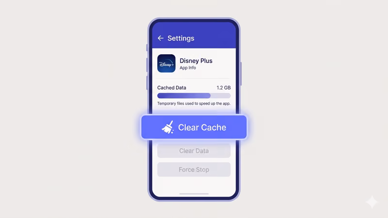 Disney Plus app settings showing Clear Cache button with cached data size displayed