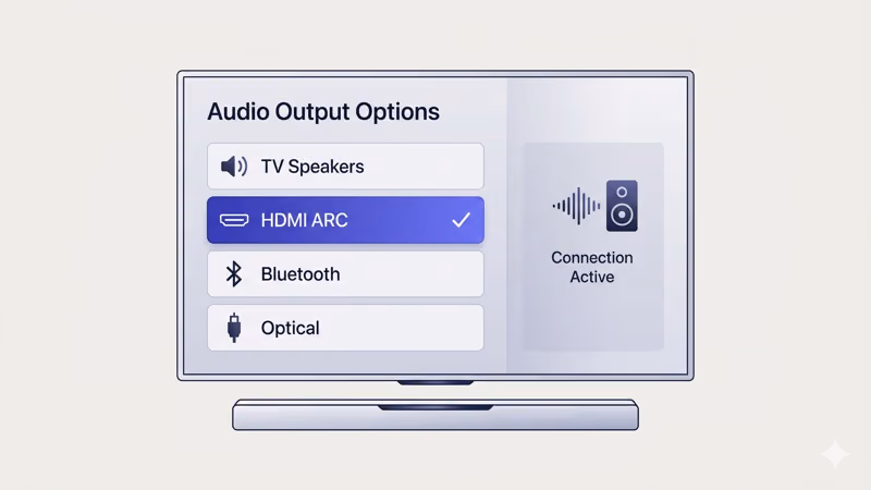 TV settings screen showing audio output options including TV Speakers HDMI ARC and Bluetooth