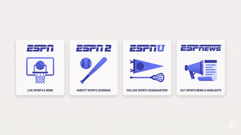 ESPN family of channels lineup showing ESPN ESPN2 ESPNU and ESPNews with sport icons