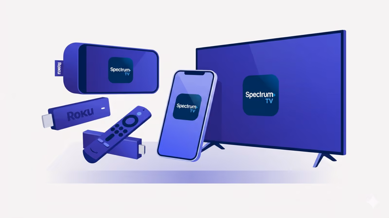 Roku stick Fire TV Stick smartphone and smart TV all showing Spectrum TV app