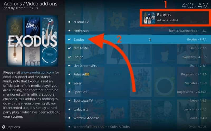 Exodus redux Addon is installed