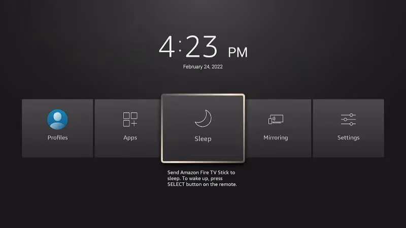 Fire TV Stick Quick Settings menu showing the sleep timer moon icon