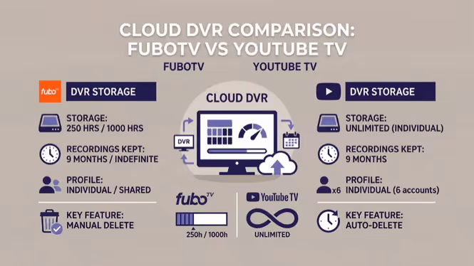 Cloud DVR storage comparison between fuboTV and YouTube TV plans