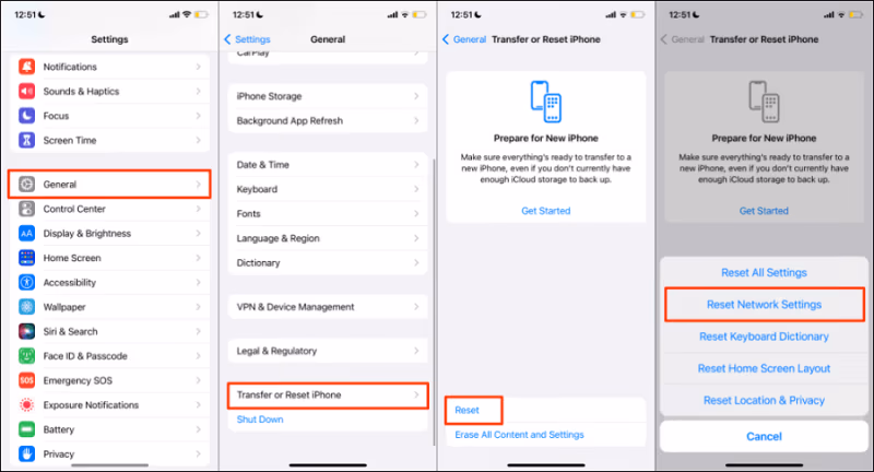 iPhone Reset Network Settings option in General Reset menu