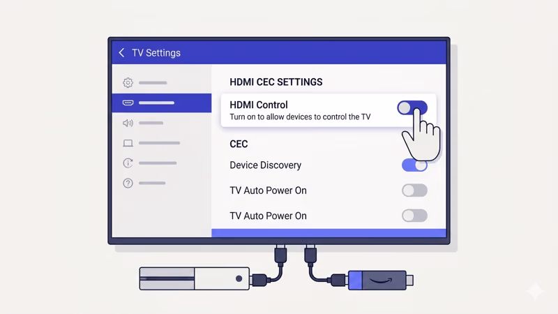 TV settings screen showing HDMI CEC control toggle with connected devices below