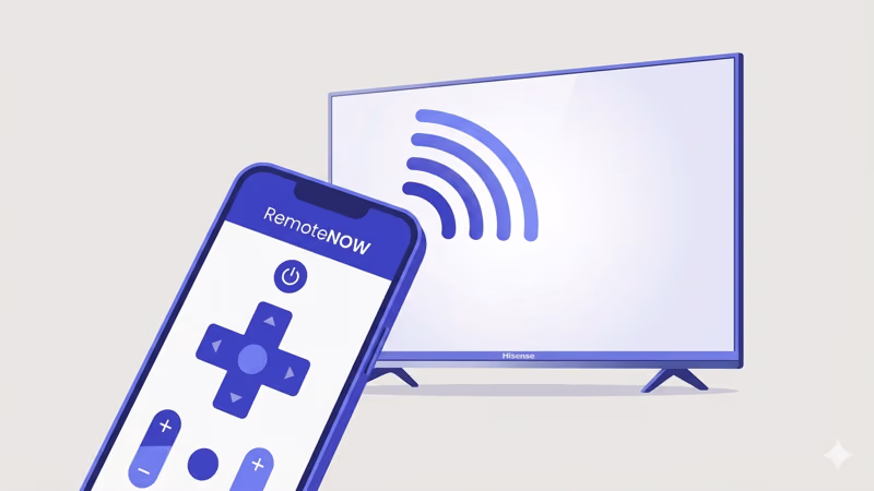 Smartphone with RemoteNOW app connecting wirelessly to Hisense TV via Wi-Fi