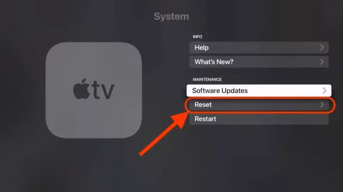 Select "Reset" on Apple TV System Settings
