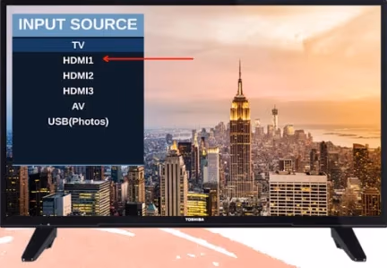 TV input source menu displayed on screen with HDMI 1, HDMI 2, and AV options listed