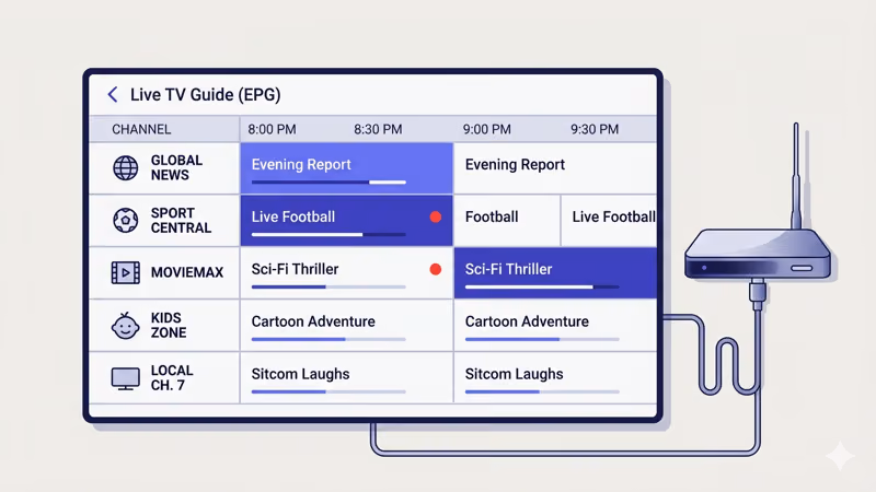 Live TV electronic program guide showing channel grid with recording indicators and antenna tuner