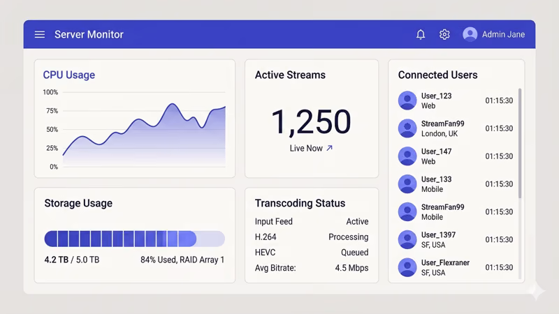 Media server admin dashboard showing CPU usage active streams storage and connected users