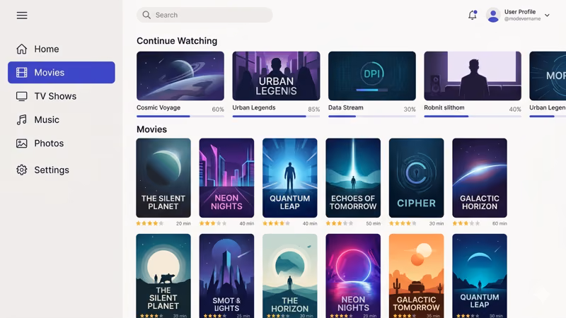 Polished media server interface showing movie library with poster artwork and Continue Watching row