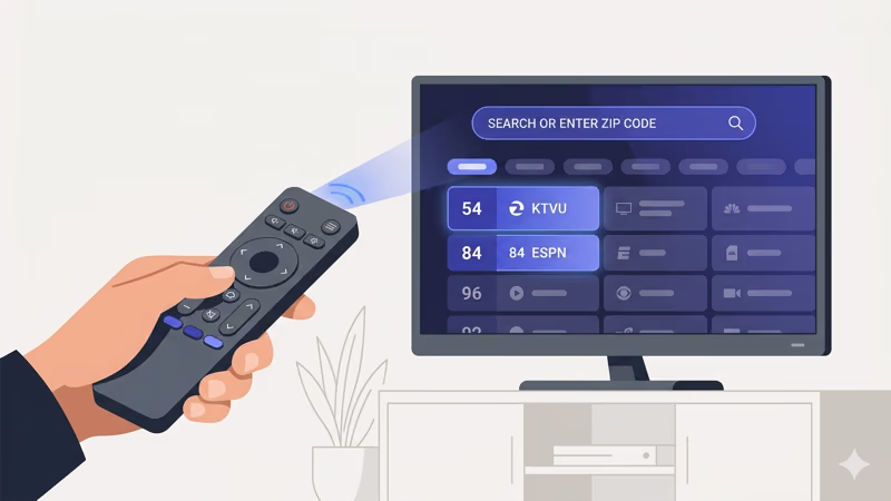 TV remote pointing at channel guide showing Spectrum channel numbers and ZIP code search