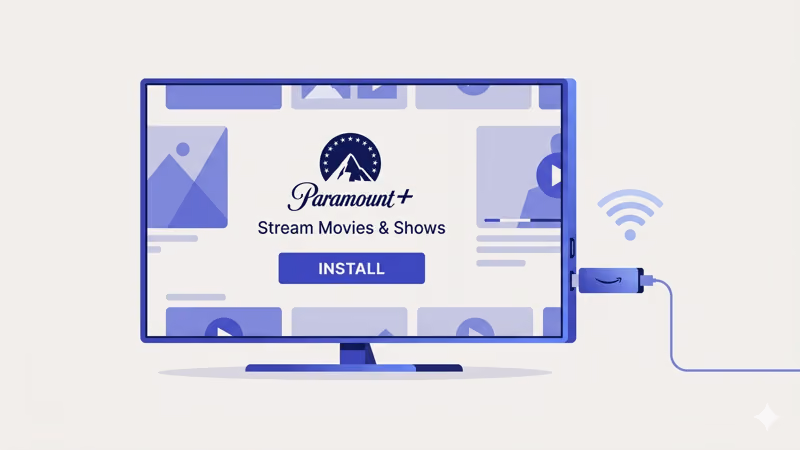 Streaming device plugged into TV HDMI port showing Paramount Plus install screen
