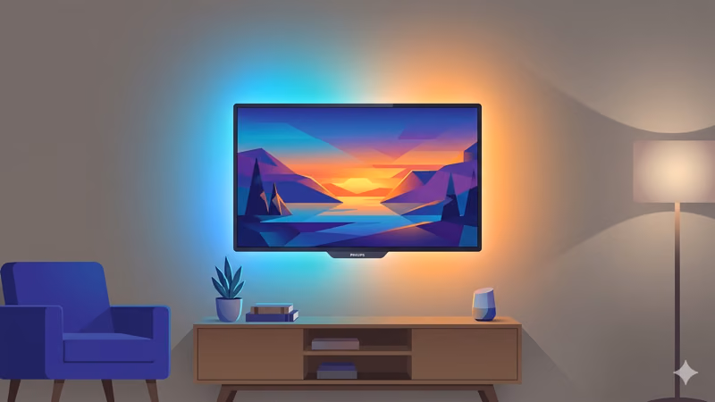 Philips TV mounted on wall with colorful Ambilight glow projecting onto surrounding wall