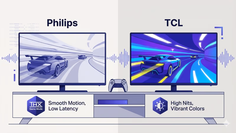 Philips and TCL TVs side by side comparing gaming performance and display features