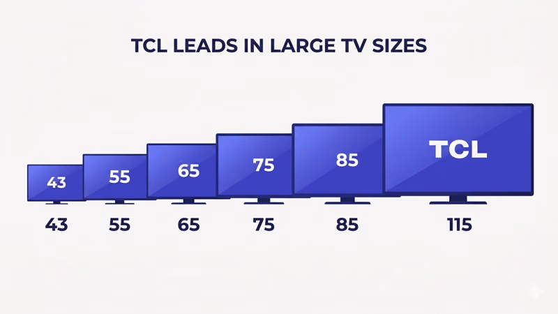 TV screen size comparison chart from 43 to 115 inches showing TCL larger options