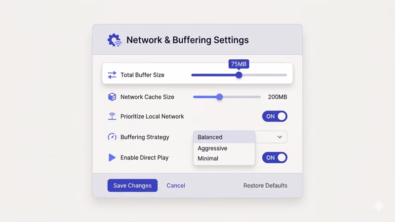 Plex network and buffering settings panel showing Total Buffer Size slider set to 75MB