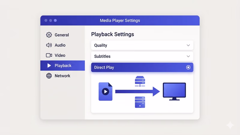 Media player playback settings showing Direct Play option selected with file-to-display diagram