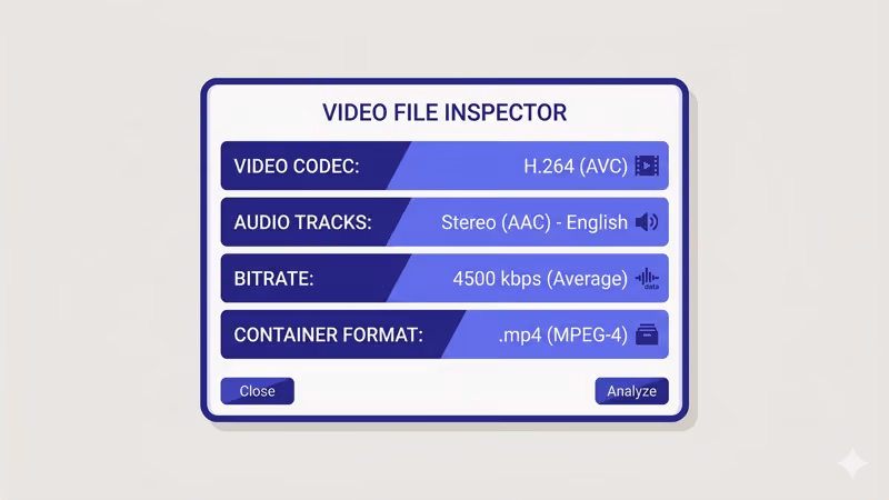 Video file inspector showing codec audio tracks bitrate and container format details