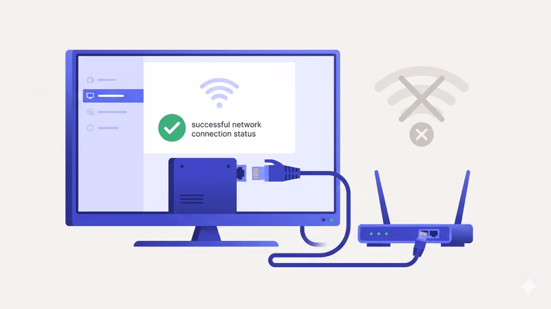 Ethernet cable plugged into smart TV connecting to router with successful network status on screen