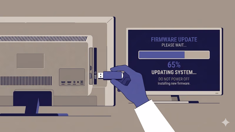 USB drive being inserted into TV back panel with firmware update progress bar at 65 percent