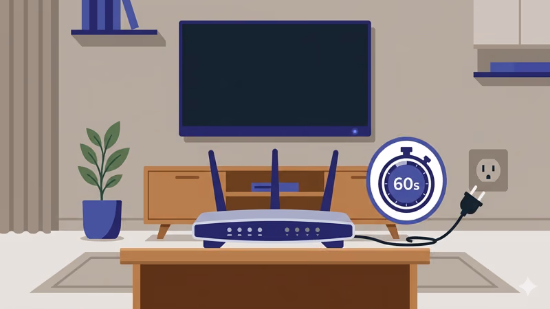 Wi-Fi router unplugged with 60-second countdown timer and TV waiting in background