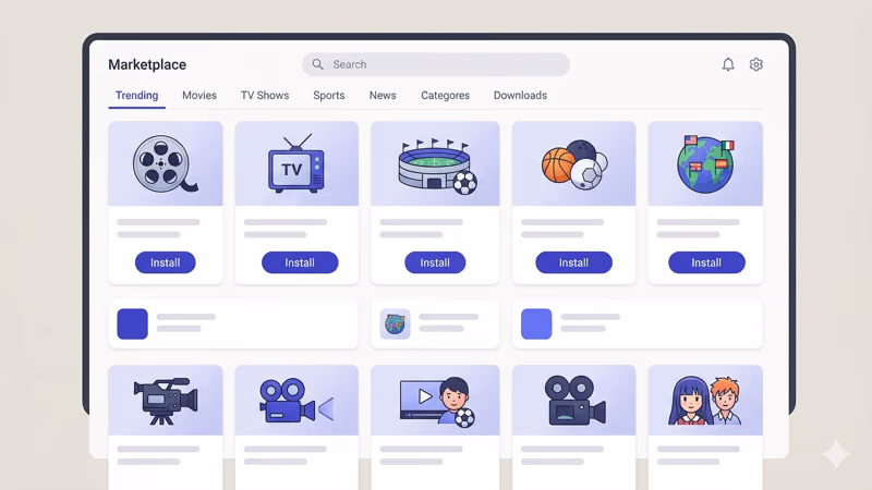 Streaming platform add-on marketplace showing installable content extensions for movies TV and sports