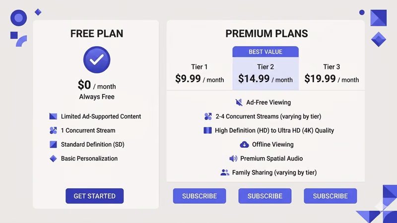 Side-by-side pricing comparison showing free plan versus premium subscription tiers