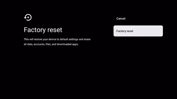 Toshiba Fire TV factory reset screen