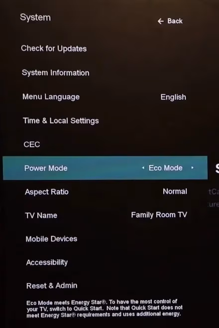 Vizio TV Eco Mode setting