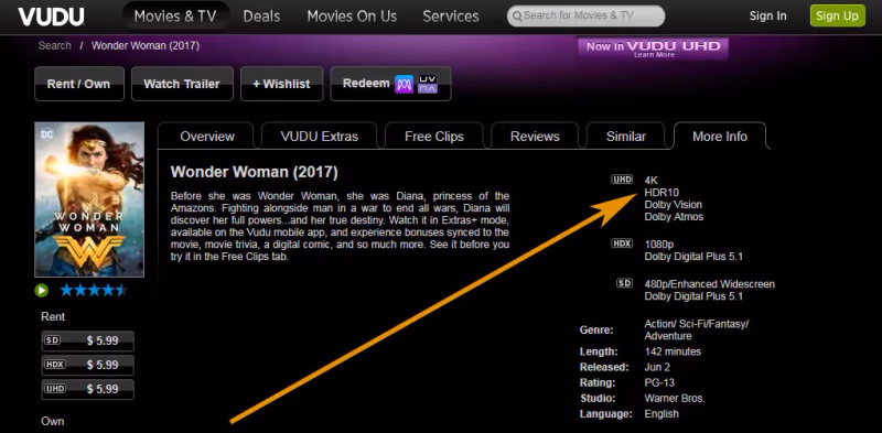 Fandango at Home app showing movie rental and free section